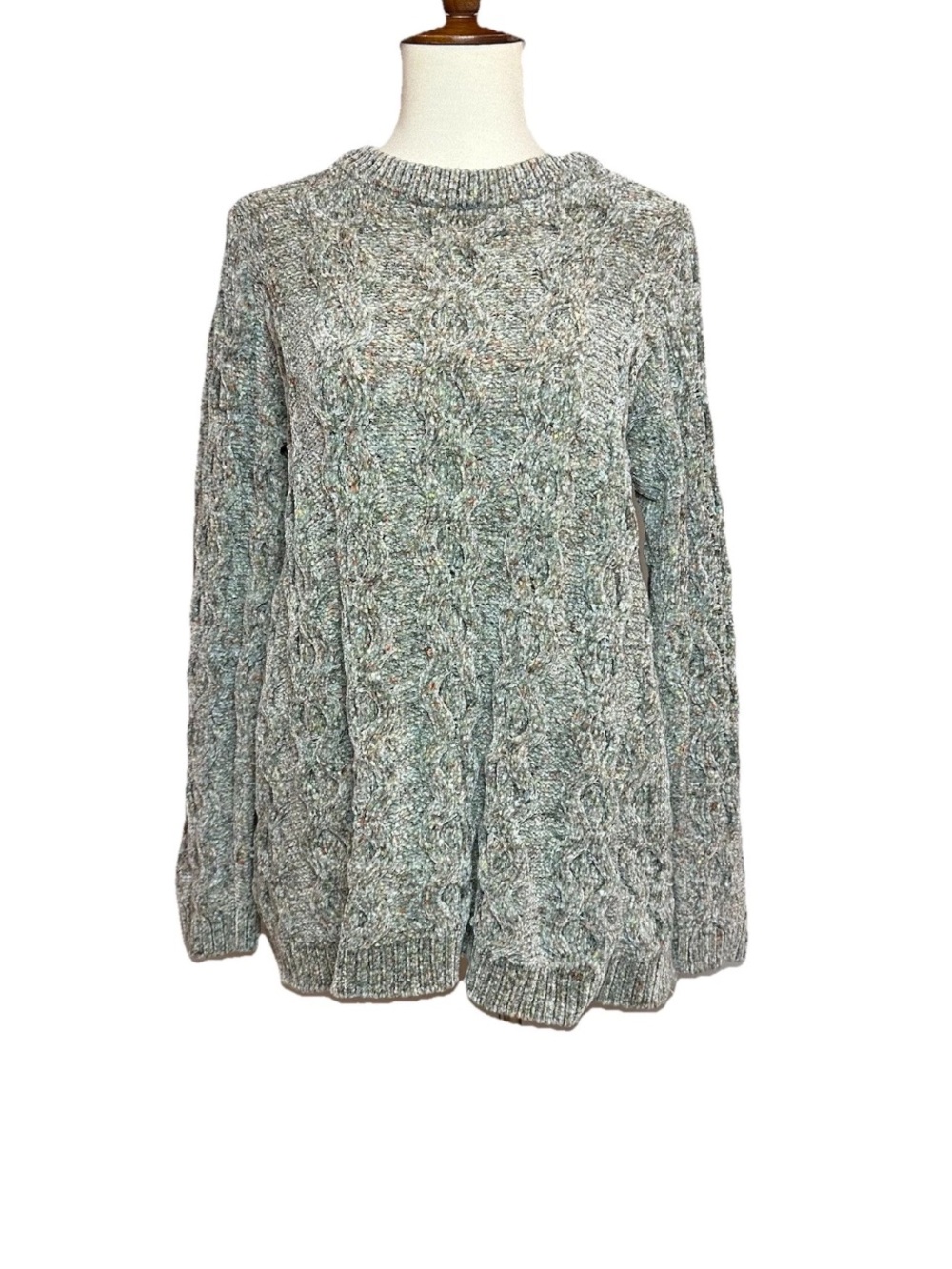 J. Jill Chenille Pullover Sweater Green Multi Cable Knit Soft Plush